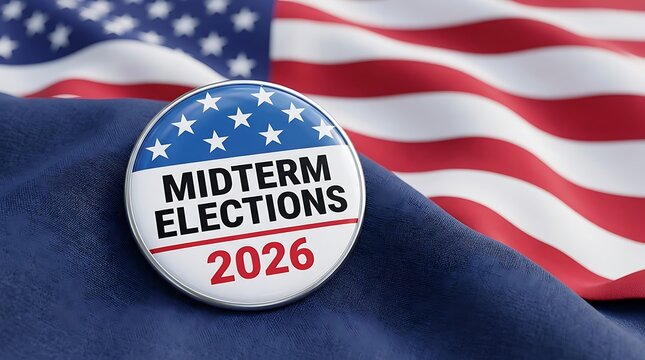Close up of 2026 midterm elections button on American flag background