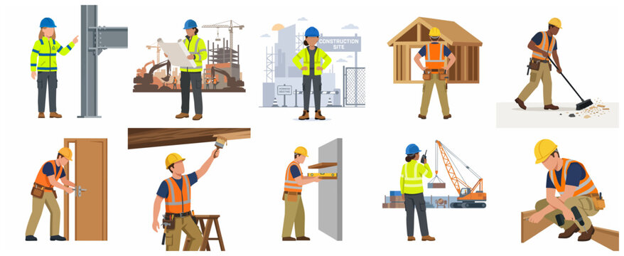 Construction workers and engineers character set, diverse builders in safety gear performing various tasks at building site, flat vector illustration