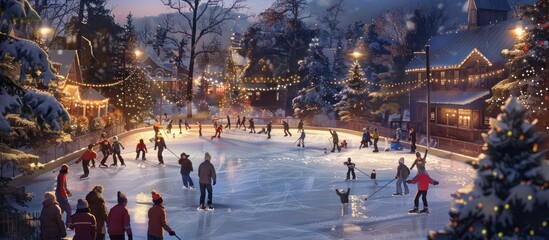 Obraz premium A snowy, wintery scene with an ice skating rink, lit up for the holidays. People are ice skating in the rink under the festive lights of the winter village.