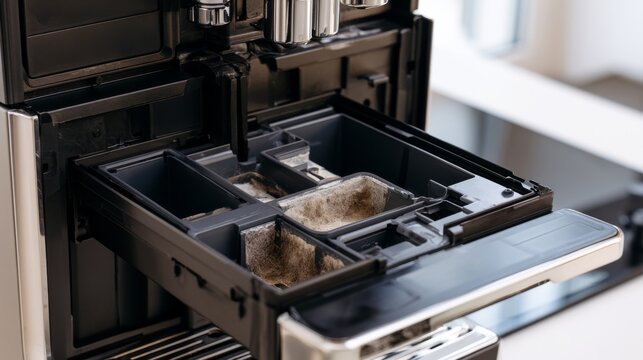 Coffee machine drawer shows used grounds and needs cleaning after brewing coffee in a kitchen setup