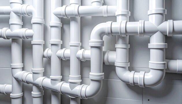 White PVC pipes and fittings interconnected, symbolizing modular plumbing system, geometry, and structural assembly.