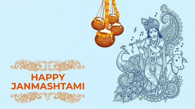 Happy Janmashtami greeting banner with line art illustration of Lord Krishna playing flute with holy cow and peacock, hanging dahi handi pots on light blue background.
