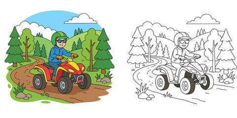 Coloring Page for Kids with a Child Riding an ATV Quad Bike in a Forest Landscape Vector Illustration © SHOHAG