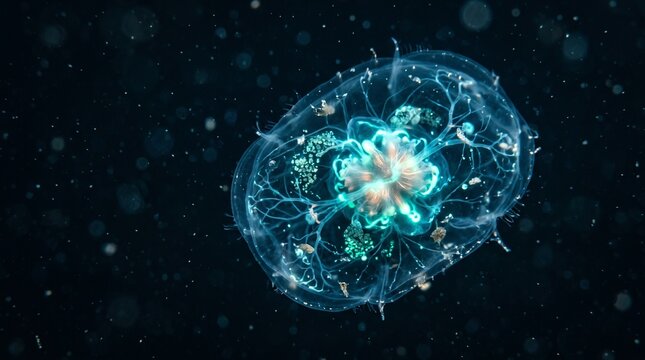 Bioluminescent transparent jellyfish glowing with bright neon blue light in the deep ocean