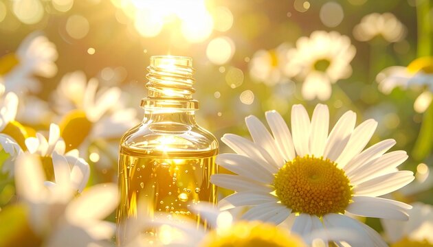 Ultra-realistic glass bottle of chamomile essential oil surrounded by fresh chamomile flowers, warm golden sunlight, natural herbal wellness, soft bokeh background, botanical skincare, professional pr