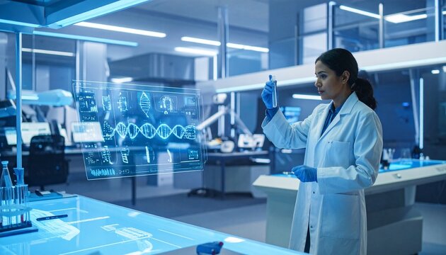 Ultra-realistic female scientist analyzing a laboratory test tube in a futuristic biotechnology lab, DNA hologram display, robotic automation, advanced medical research, blue neon lighting, photoreali