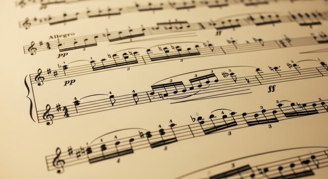 Detailed Sheet Music Close Up Showing Notes and Musical Symbols.