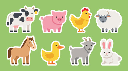 Fototapeta premium Colorful vector illustration collection featuring eight cute farm animals designed as flat stickers for children education and creative graphic projects