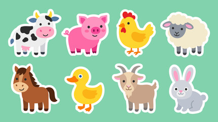 Obraz premium Colorful vector illustration featuring a collection of cute farm animal stickers including a cow pig chicken sheep horse duck goat rabbit