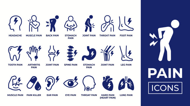 Body pain icon set for backache, headache, injury, muscle, teeth, ear,  and physical therapy symbols. Solid vector icon collection.