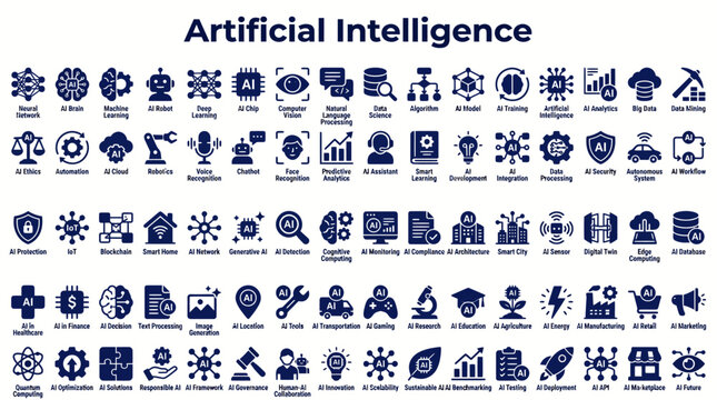 Set of artificial intelligence and machine learning flat vector icons for technology development