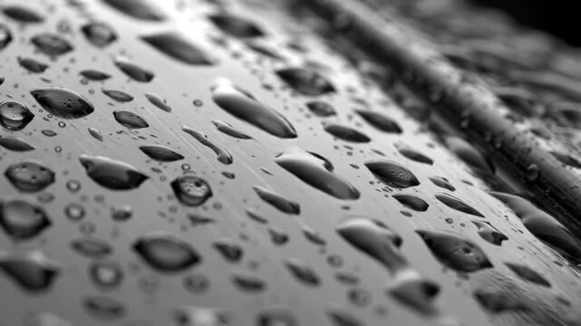 Close-up macro shot of water droplets on a dark, textured surface, reflecting light.