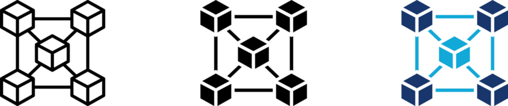 Blockchain icon set showing professional decentralized cryptography network with interconnected data cubes for cryptocurrency mining digital asset security ledger and fintech technology