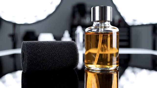 Perfume bottle and foam wind guard on reflective surface with studio lighting