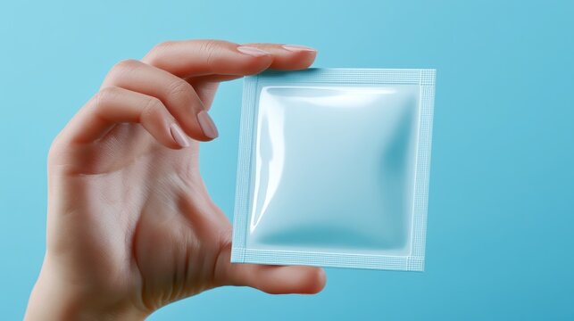 Close-up of a Hand Holding a Transparent Condom Wrapper Against Light Blue Background