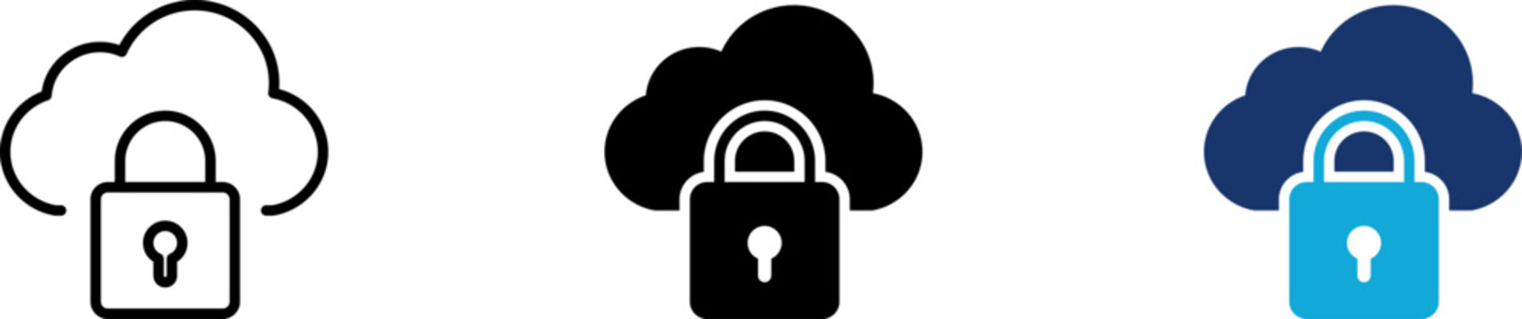 Cloud security icon set showing professional data privacy protection with network storage server cloud and locked database padlock for cybersecurity software internet hosting and encryption solution