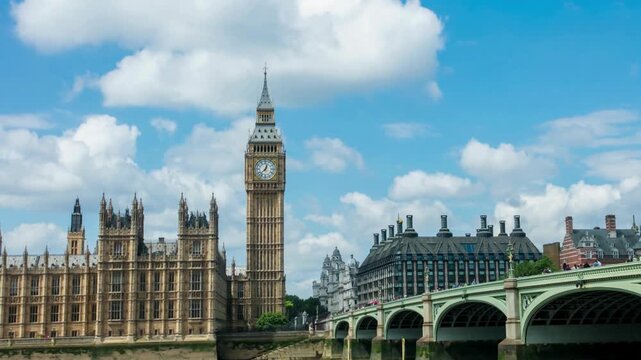 Time lapse of big ben and houses of parliament with clouds passing over westminster bridge in central london england.