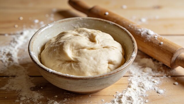 Homemade yeast dough preparation with flour and rolling pin on wooden surface