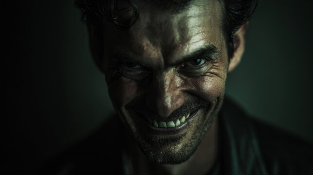 Dark lighting highlights a man's intense, twisted grin