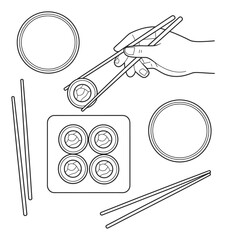 A black and white line of a hand using chopsticks to pick up a piece of sushi from a set with bowls © Khalek