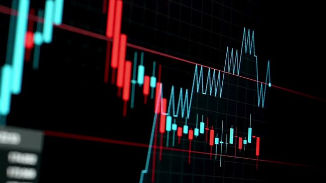 Abstract financial chart showing downward trend with red and blue candlesticks and dynamic line graph motion.