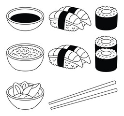 A collection of hand-drawn sushi featuring nigiri, maki rolls, soy sauce, rice, and chopsticks © Khalek