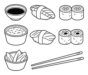 A collection of hand-drawn sushi featuring nigiri, maki rolls, soy sauce, rice, ginger, and chopsticks © Khalek