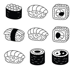 A collection of hand-drawn black and white sushi and © Khalek