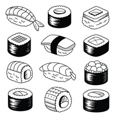 A collection of hand-drawn sushi featuring various rolls and nigiri pieces in black and white © Khalek