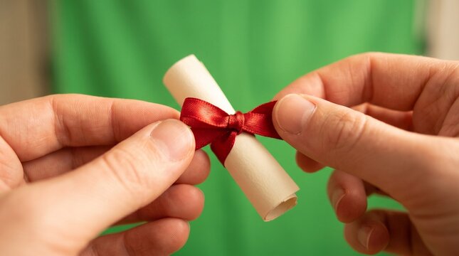 Close-up of hands tying red ribbon around rolled papers