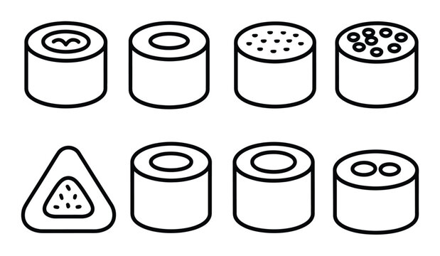 A collection of simple black and white sushi roll arranged in a grid pattern