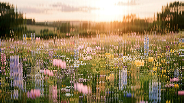 Beautiful wild flower meadow with colorful blossoms during a golden sunset in summer.