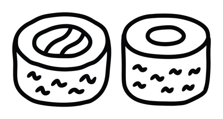 A simple black and white line of two pieces of sushi rolls isolated on a plain white background © Khalek