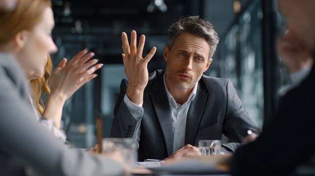 Man gestures emphatically during tense business discussion