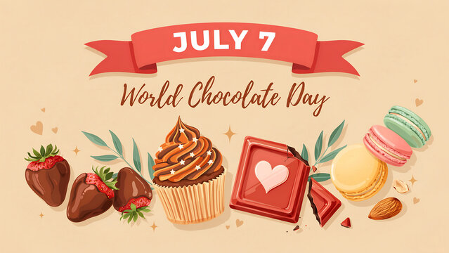 Illustration of world chocolate day with assorted chocolates and sweets on a beige background