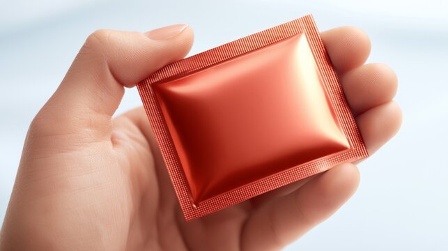 Hand holding a red condom wrapper in a close-up shot