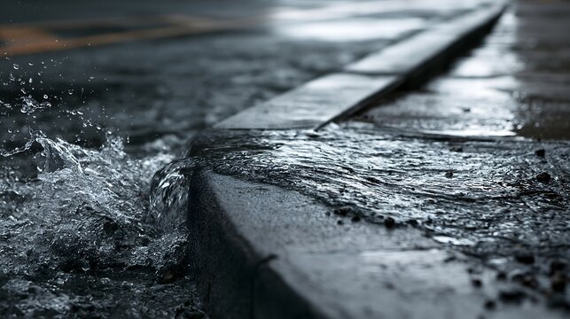 Starkregen flie&szlig;t entlang eines Bordsteins mit spritzendem Wasser in einer st&auml;dtischen Stra&szlig;e