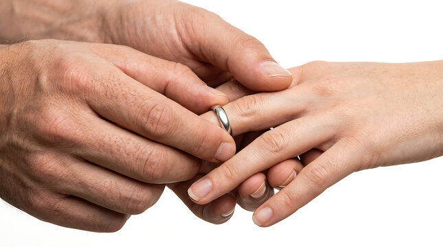 Close-up of a person's hands placing a wedding ring on another person's finger, symbolizing commitment and marriage