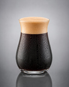 Nitro Cold Brew Coffee in Curved Glass with Thick Creamy Foam and Condensation on Grey Studio Background, Professional Product Photography with Reflection