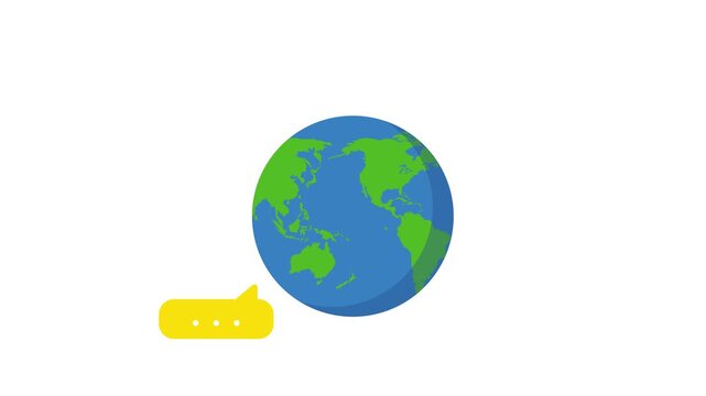 4K motion graphic of Globe with speech bubble with transparent alpha channel transparency. 2D cartoon animation of speaking planet concept isolated on white background.