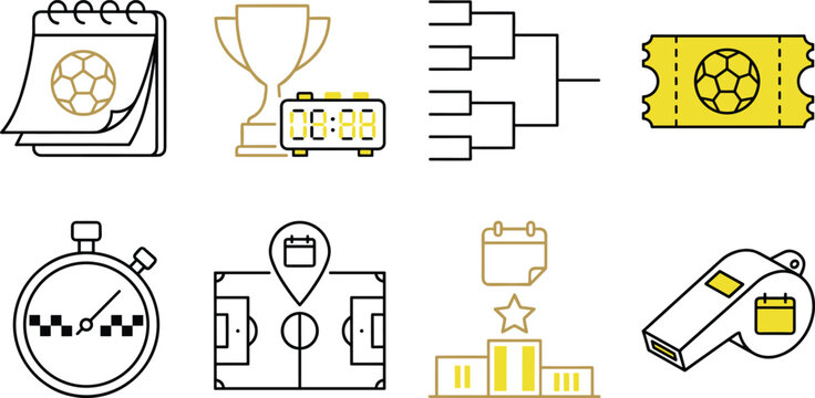 Soccer tournament and match management icon collection featuring trophy, bracket, ticket, stopwatch, tactics board, whistle, and football event symbols