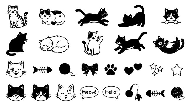 Create a premium vector illustration featuring 24 adorable domestic cats in a cohesive collection design, isolated on a solid white background. Include a variety of fur colors and patterns such as bla