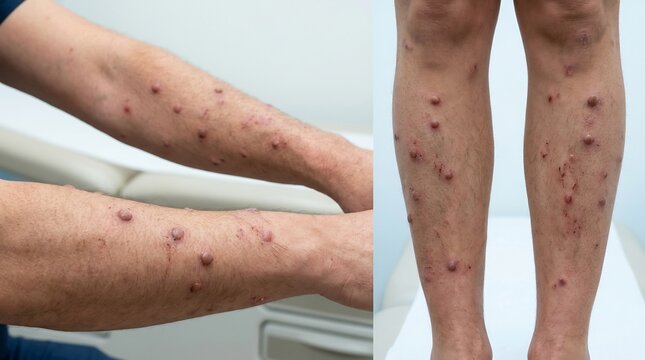 Clinical view of skin nodules and bumps on human forearms and lower legs for medical diagnosis