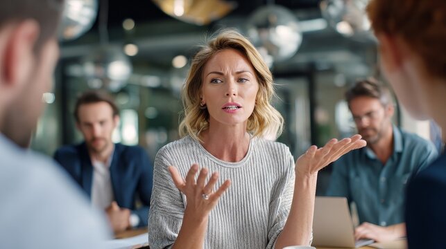 Woman speaks passionately during a business meeting
