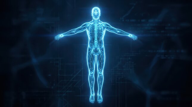 Glowing blue digital human body anatomy showing skeleton and nervous system on a dark background for medical and science research