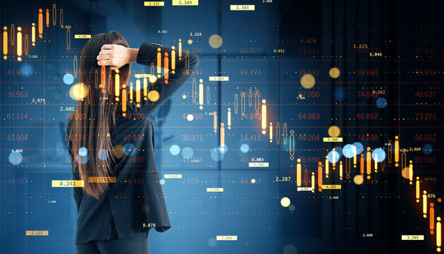 Businesswoman facing falling financial chart with global market crisis indicators on abstract light background, showing downward economy impact and loss trend.