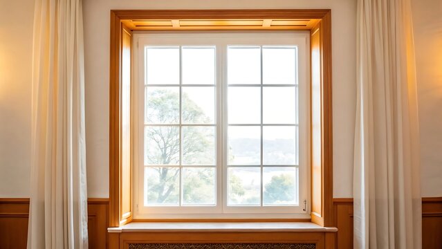 Bright interior room window with wooden frame and elegant white curtains showing a soft sunny outdoor view