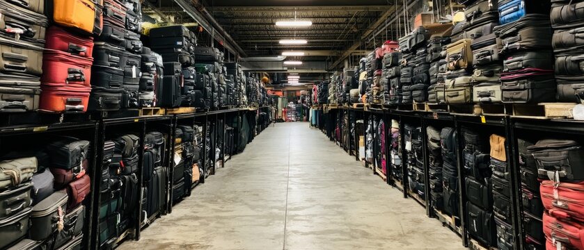 Warehouse filled with many pieces of luggage in various colors and sizes ready for sorting and distribution