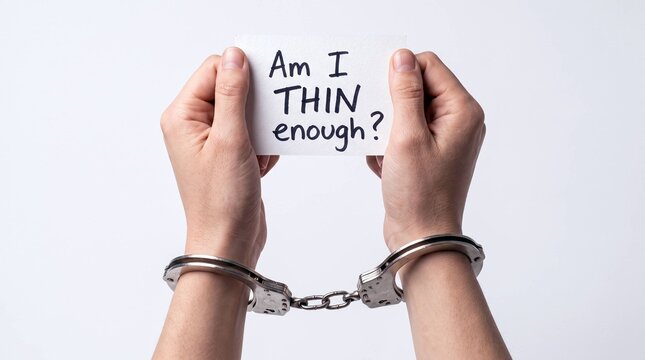 Handcuffed Hands Holding Card Reading Am I Thin Enough Body Image Concept