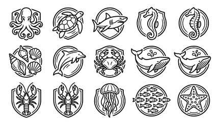 Seafood icons with various ocean creatures. © miftah